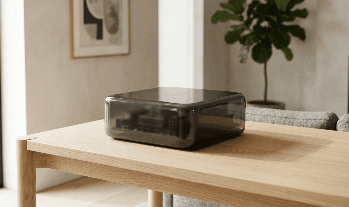 Mylo resting on a wooden table in a softly lit home